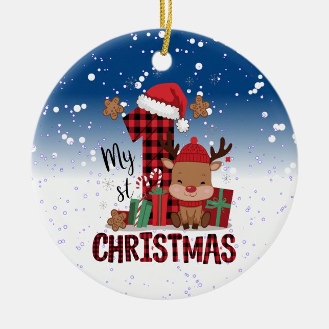 1st Christmas Santa Hat White Snow Baby Reindeer Ceramic Tree Decoration (Front)