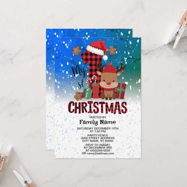 1st Christmas Santa Hat White Snow Baby Reindeer Invitation (Front/Back In Situ)