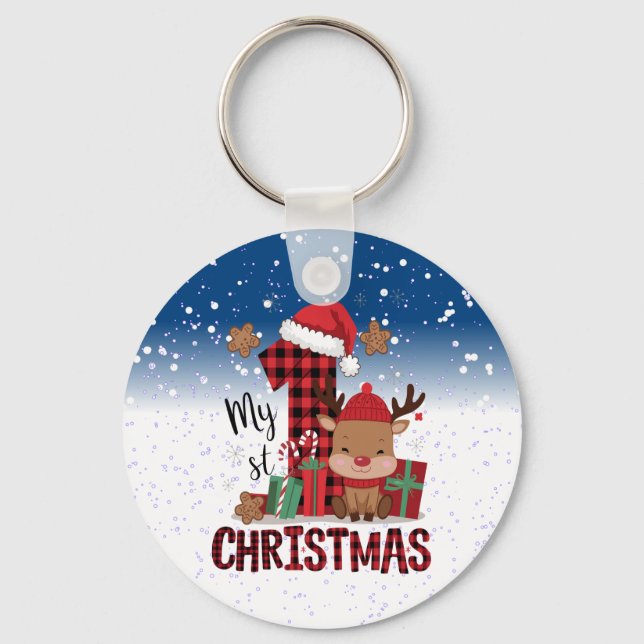 1st Christmas Santa Hat White Snow Baby Reindeer Key Ring (Front)