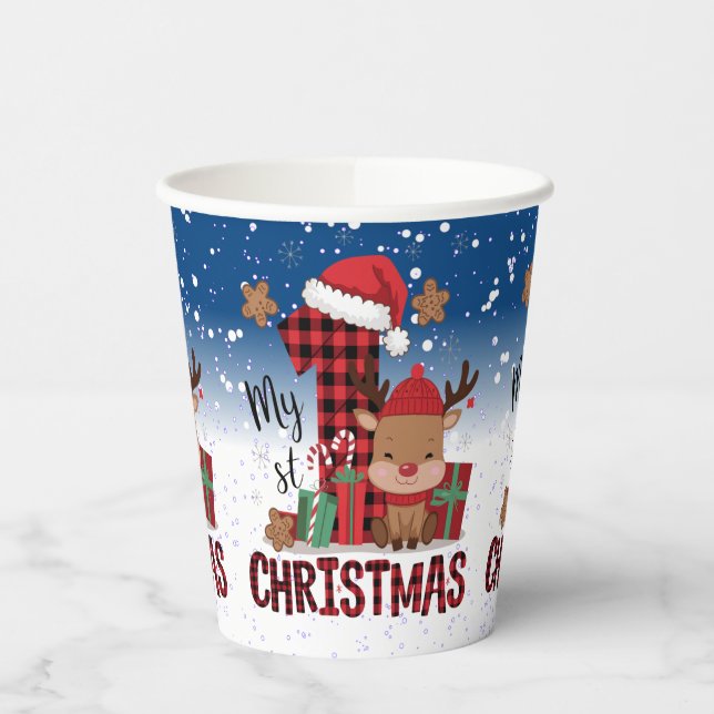 1st Christmas Santa Hat White Snow Baby Reindeer Paper Cups (Left)