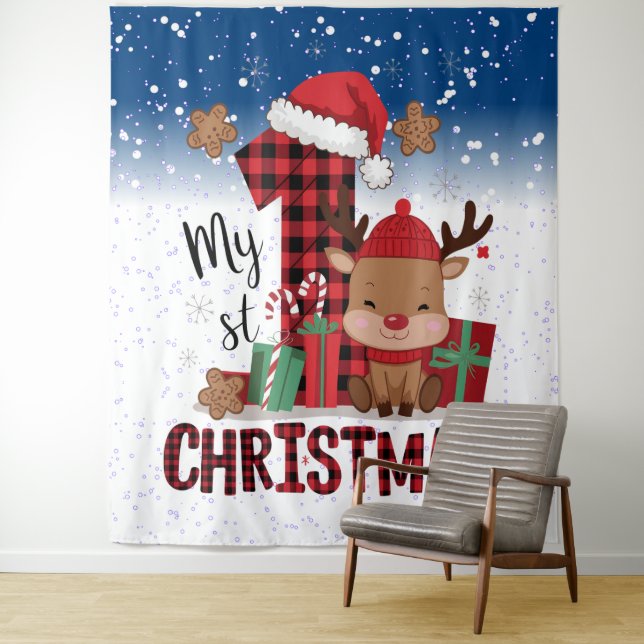 1st Christmas Santa Hat White Snow Baby Reindeer Tapestry (In Situ)
