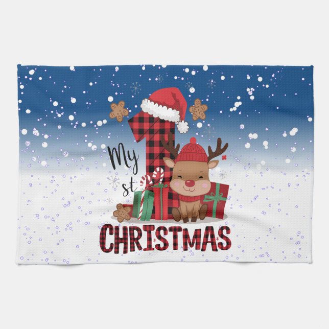 1st Christmas Santa Hat White Snow Baby Reindeer Tea Towel (Horizontal)