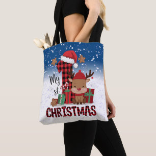 1st Christmas Santa Hat White Snow Baby Reindeer Tote Bag
