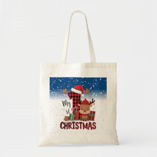 1st Christmas Santa Hat White Snow Baby Reindeer Tote Bag