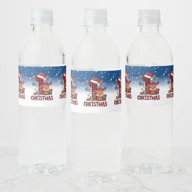 1st Christmas Santa Hat White Snow Baby Reindeer Water Bottle Label (Bottles)