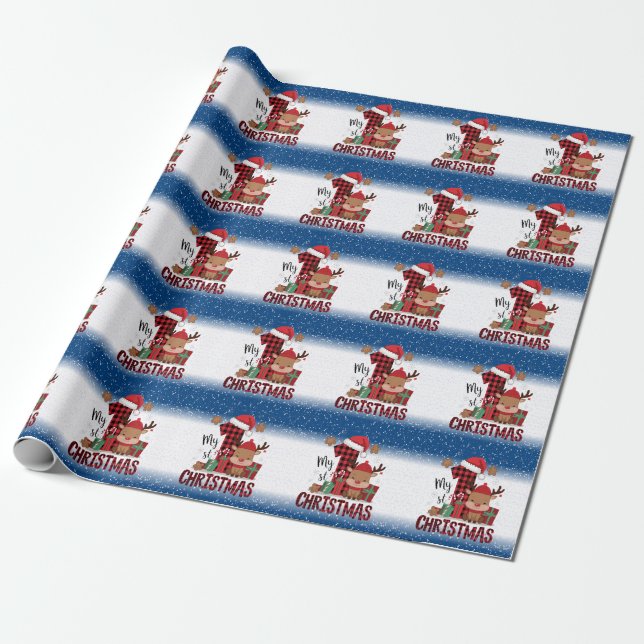 1st Christmas Santa Hat White Snow Baby Reindeer Wrapping Paper (Unrolled)