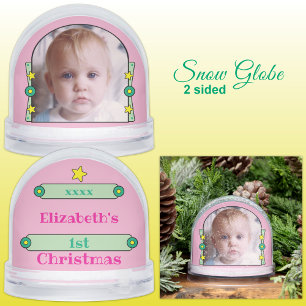 1st Christmas stars name year yellow pink green Snowglobe