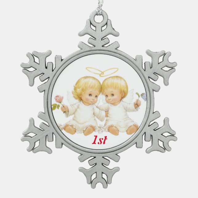 1st Christmas Sweet Twins Snowflake Pewter Christmas Ornament (Front)