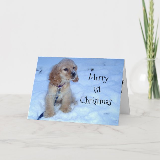"1st" CHRISTMAS TO BABY-SNOWBOUND PUP SENDS "LOVE" Holiday Card (Front)
