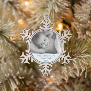 1st Christmas Uncle Nephew Personalised Photo Snowflake Pewter Christmas Ornament