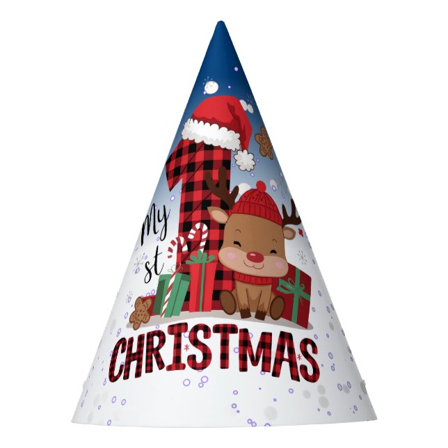 1st Christmas White Snow Baby Reindeer Blue Sky Party Hat (Front)