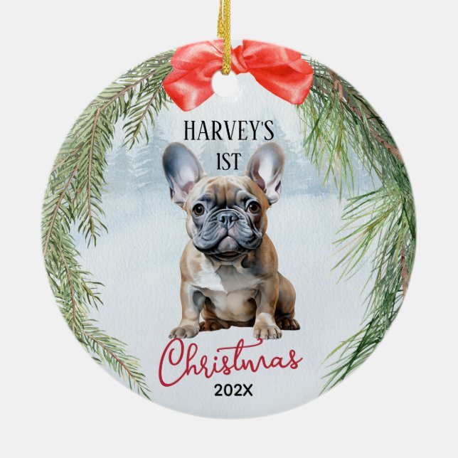 1st Christmas Wreath Frenchie French Bulldog Ceramic Tree Decoration (Back)