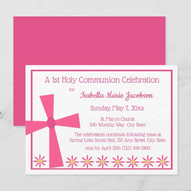 1st Communion Cross and Flowers Invitation (Front/Back)