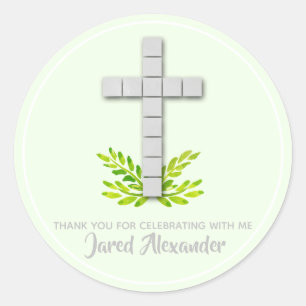 1st Communion Cross on Mint Green Classic Round Sticker