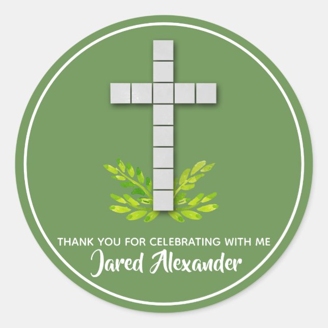 1st Communion Cross on Moss Green Classic Round Sticker (Front)