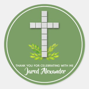 1st Communion Cross on Moss Green Classic Round Sticker