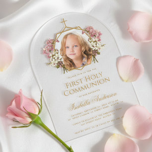 1st Communion Gold Girl Photo Floral Pink Elegant Acrylic Invitations