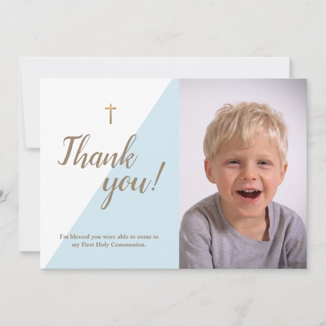 1st Communion Thank You Modern blue Boy Photo Card (Front)