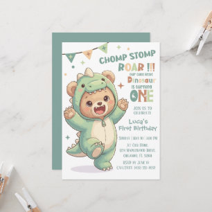 1st Dino Birthday Party   Cute Teddy Bear Dinosaur Invitation