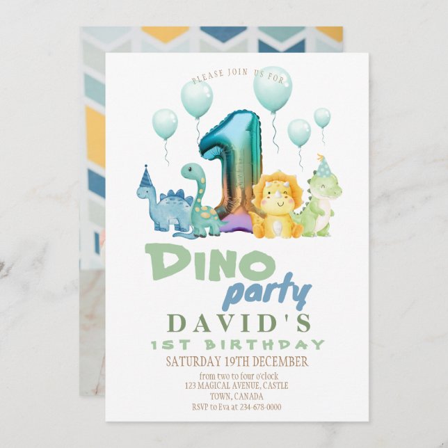 1st Dino Birthday Party  Invitation (Front/Back)
