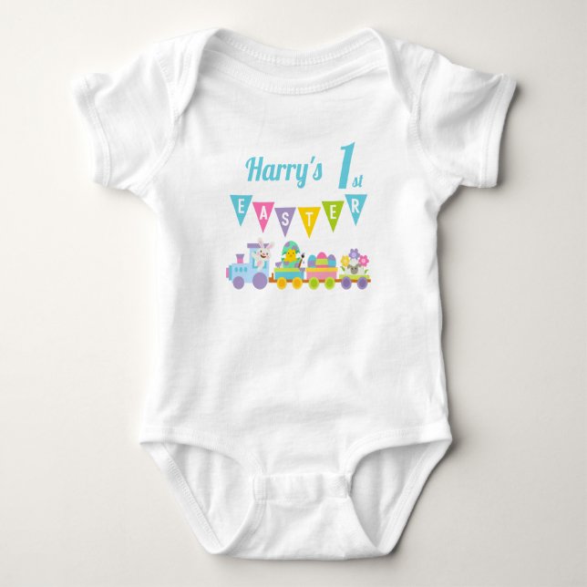 1st Easter Bunny And Train Blue Baby Bodysuit (Front)