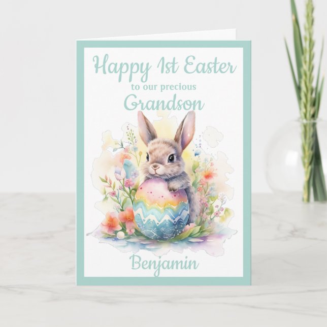 1st Easter Grandson Bunny Egg Blue  Holiday Card (Front)