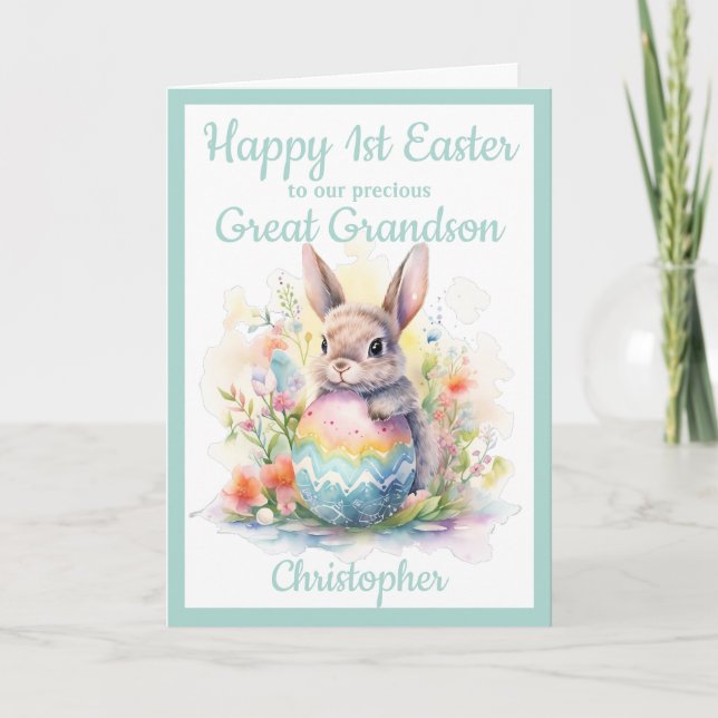 1st Easter Great Grandson Bunny Egg Blue  Holiday Card (Front)