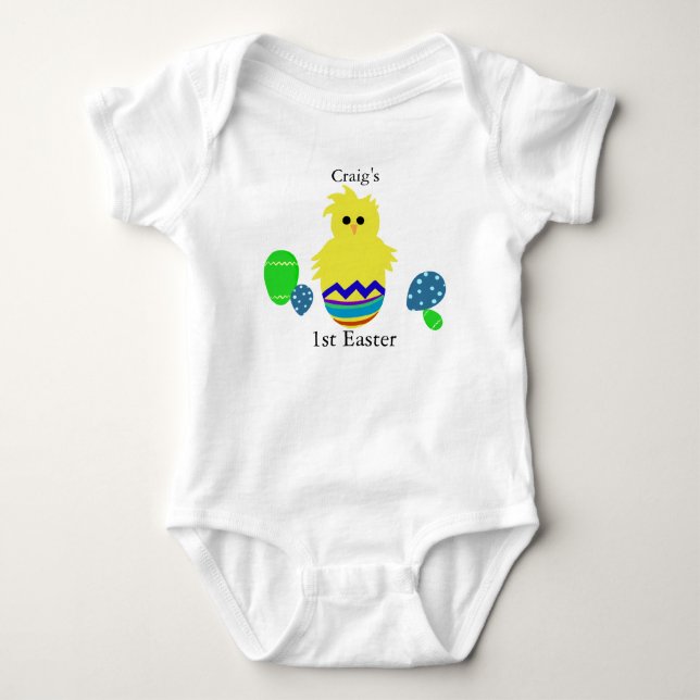 1st Easter Yellow Striped Chick Egg PERSONALIZE Baby Bodysuit (Front)
