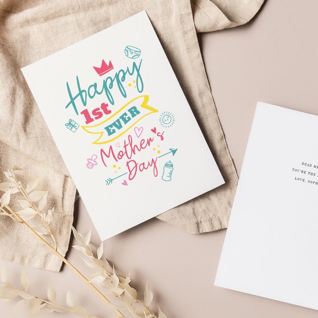 1st Ever Mothers Day Pink Blue Typography Holiday Card (Happy First Ever Mother's Day Greetings Card)
