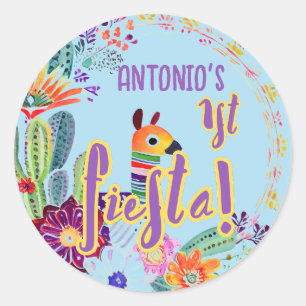 1st Fiesta Birthday For BOY Folkart Floral Favour Classic Round Sticker
