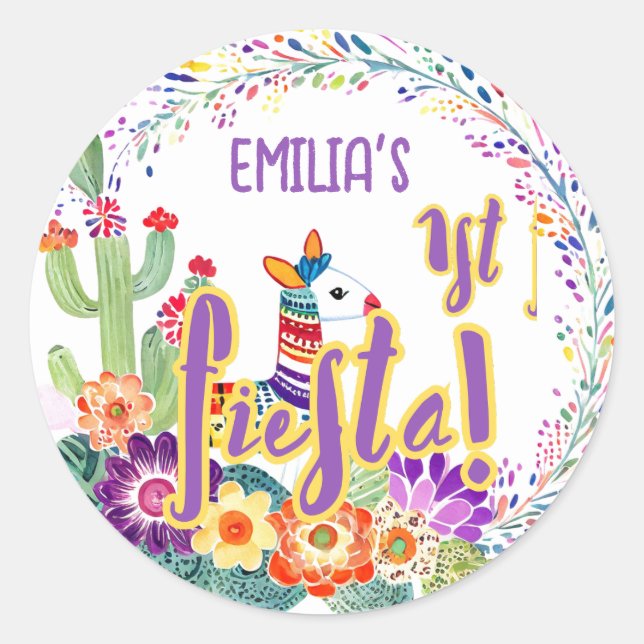 1st Fiesta Birthday For Girl Folkart Floral Favour Classic Round Sticker (Front)