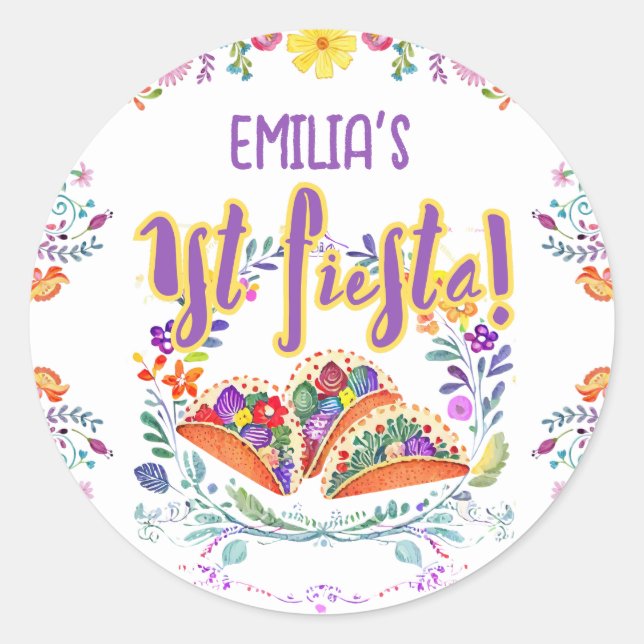 1st Fiesta Birthday For Girl Folkart Floral Favour Classic Round Sticker (Front)