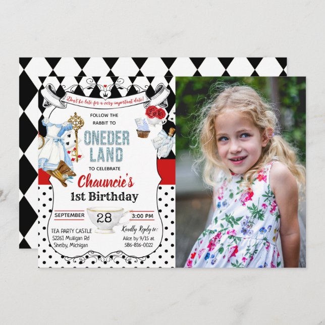 1st First Birthday Alice in Wonderland Invitation (Front/Back)