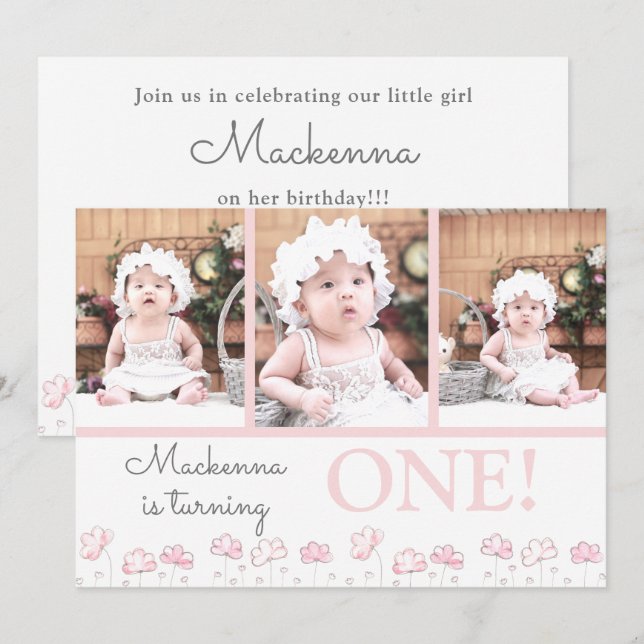 1st First Birthday Blush Pink Floral Photo Collage Invitation (Front/Back)