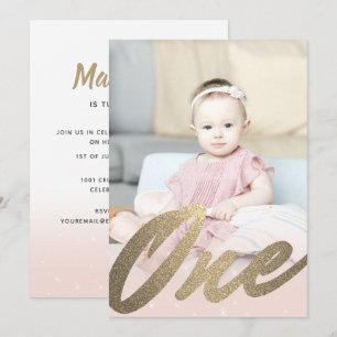 1st First Birthday Blush Pink Gold Girls Photo Invitation
