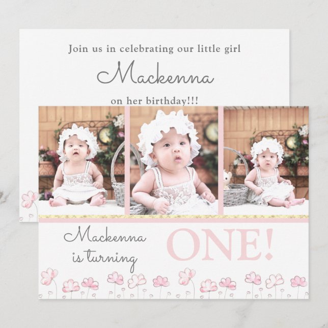 1st First Birthday Blush Pink Gold Photo Collage I Invitation (Front/Back)