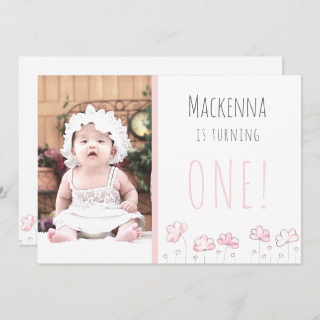 1st First Birthday Blush Pink Simple Girls Photo Invitation (Front/Back)