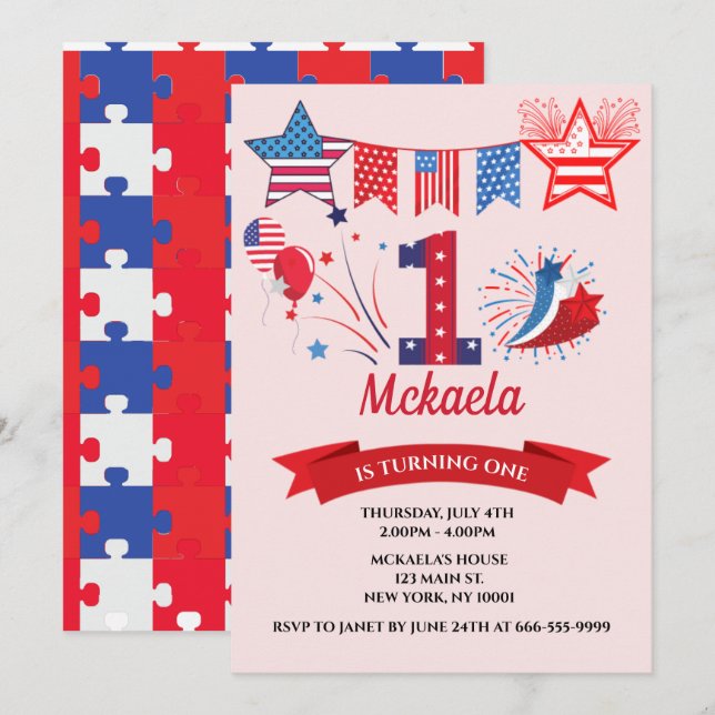 1st First Birthday Boy Girl 4th July Fourth Invitation (Front/Back)