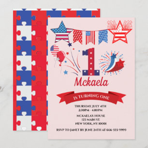 1st First Birthday Boy Girl 4th July Fourth Invitation