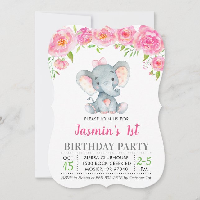 1st First Birthday Girl Floral Pink Elephant Party Invitation (Front)