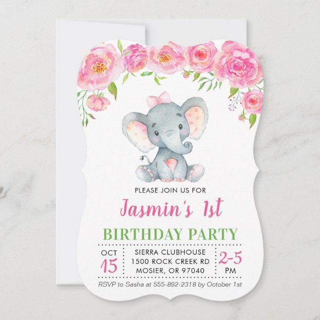 1st First Birthday Girl Floral Pink Elephant Party Invitation (Front)