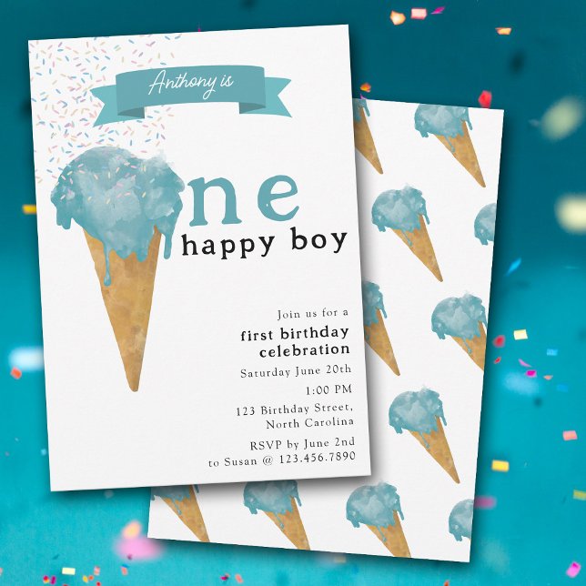 1st First Birthday One Happy Boy Blue Ice Cream Invitation (1st First Birthday One Happy Boy Blue Ice Cream Invitation)