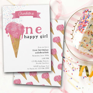 1st First Birthday One Happy Girl Pink Ice Cream Invitation