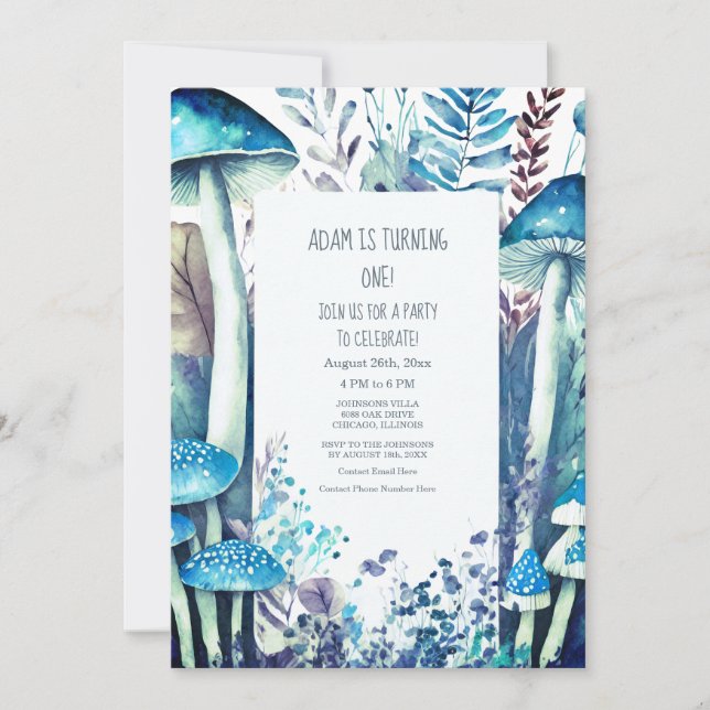 1st First Birthday Party Blue Mushrooms Boho Woods Invitation (Front)
