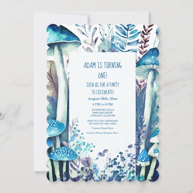 1st First Birthday Party Blue White Mushroom Woods Invitation (Front)