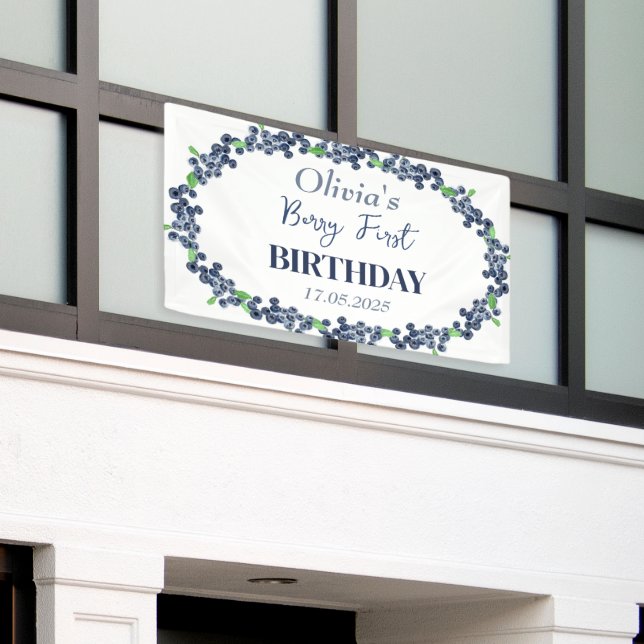 1st First Birthday Party Blueberry Baby Girl Banner (Outside Building)