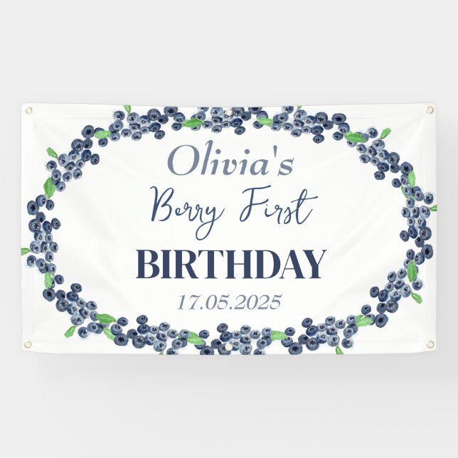1st First Birthday Party Blueberry Baby Girl Banner (Horizontal)