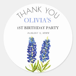 1st First Birthday Party Bluebonnets Baby Girl Classic Round Sticker