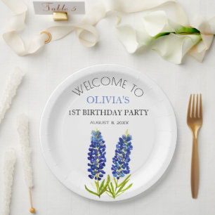 1st First Birthday Party Bluebonnets Baby Girl Paper Plate