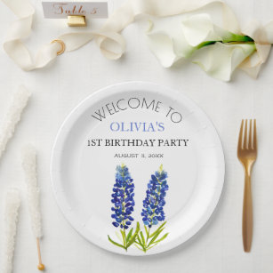 1st First Birthday Party Bluebonnets Baby Girl Paper Plate